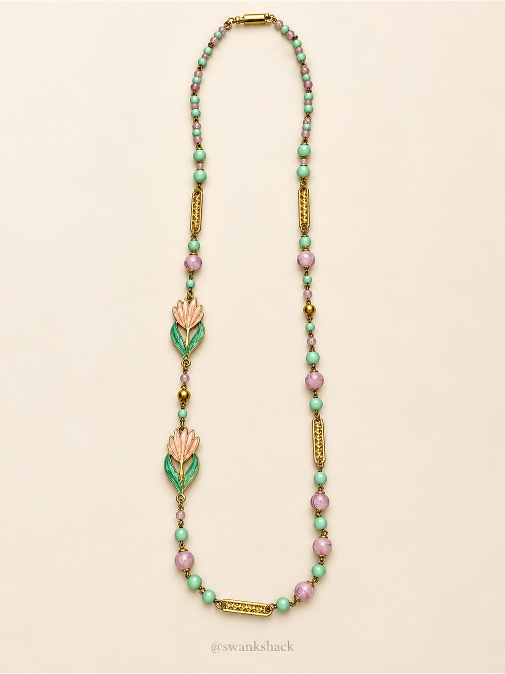 Pink & Mint Green Tulip Enamel Beaded Gold Tone Necklace 28.5”